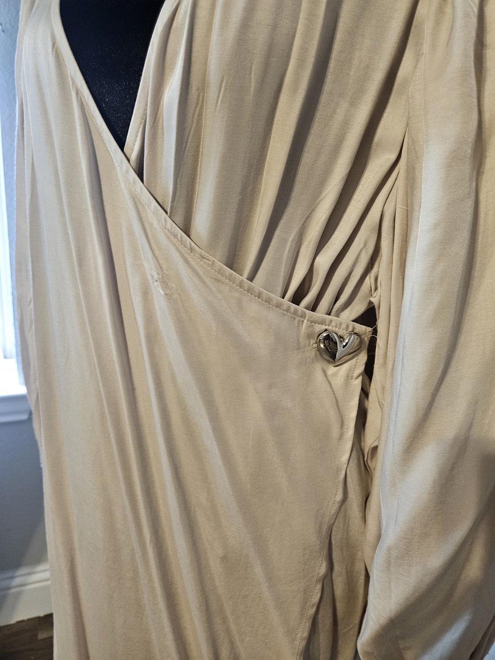 Elegant Beige Wrap Midi Dress with Heart Accent